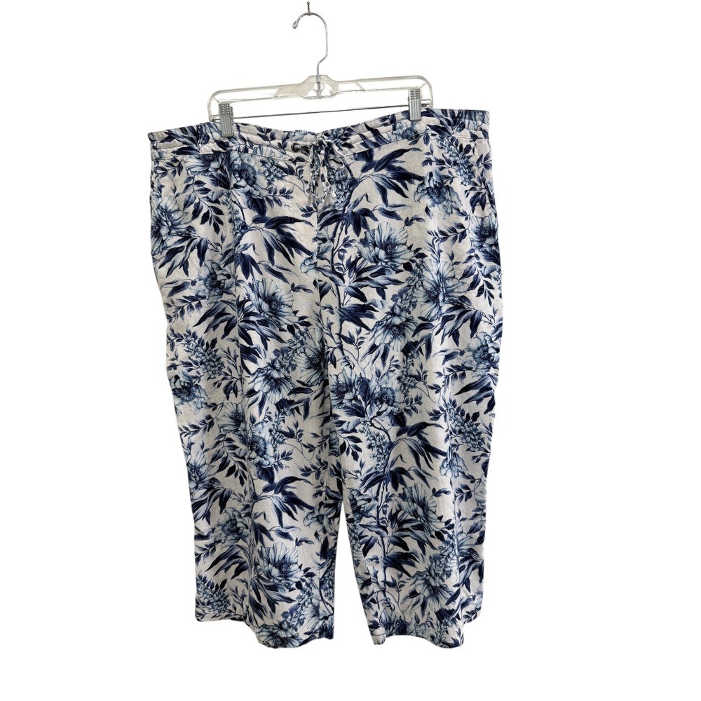 Per Se Floral Linen Rayon Blend Cropped Capri Pants Sz 2X Blue Drawstring Cruise